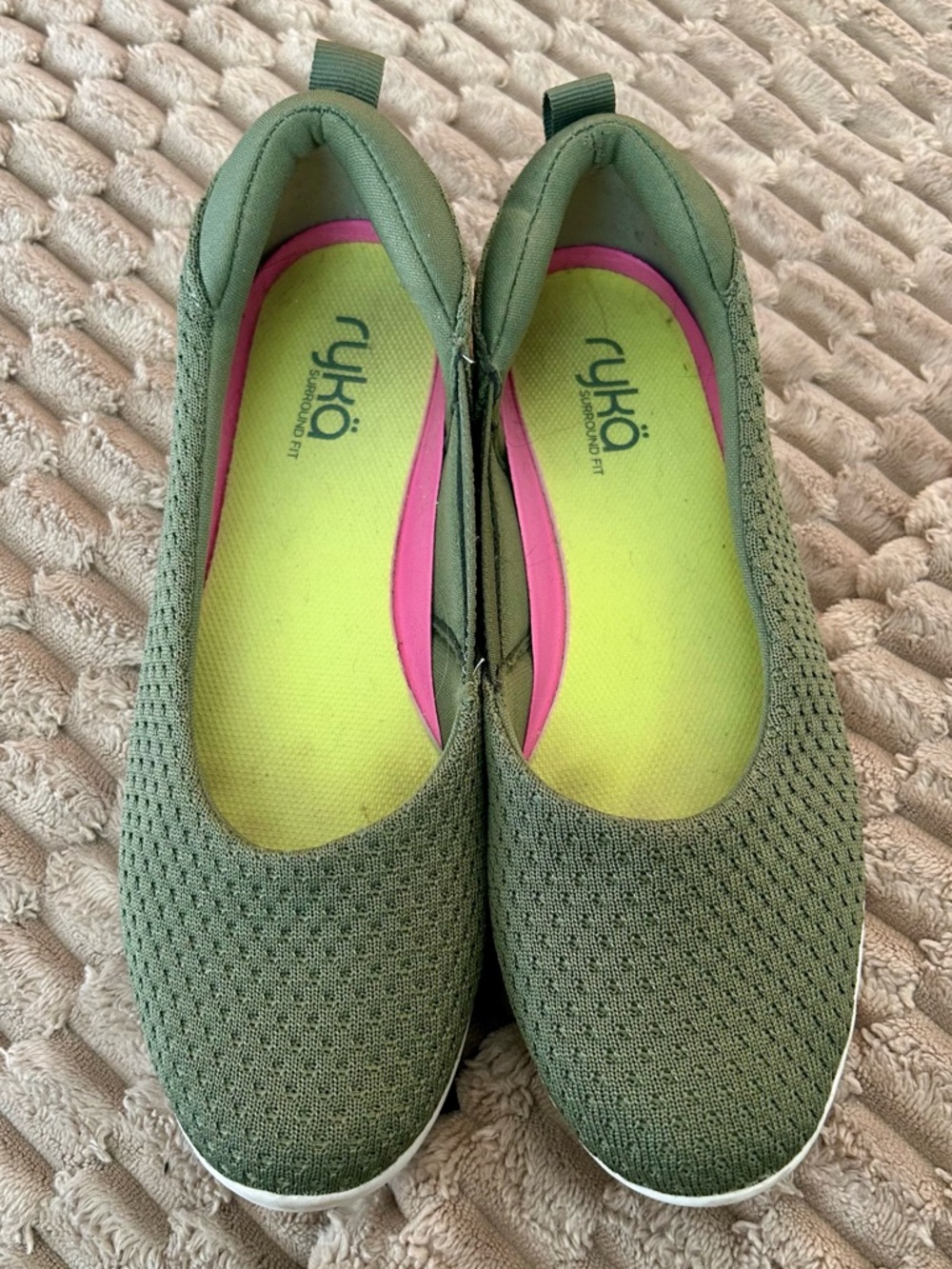 Ryka Cheri Style Slip-On Knit Flats in Deep Lichen Olive Green Color